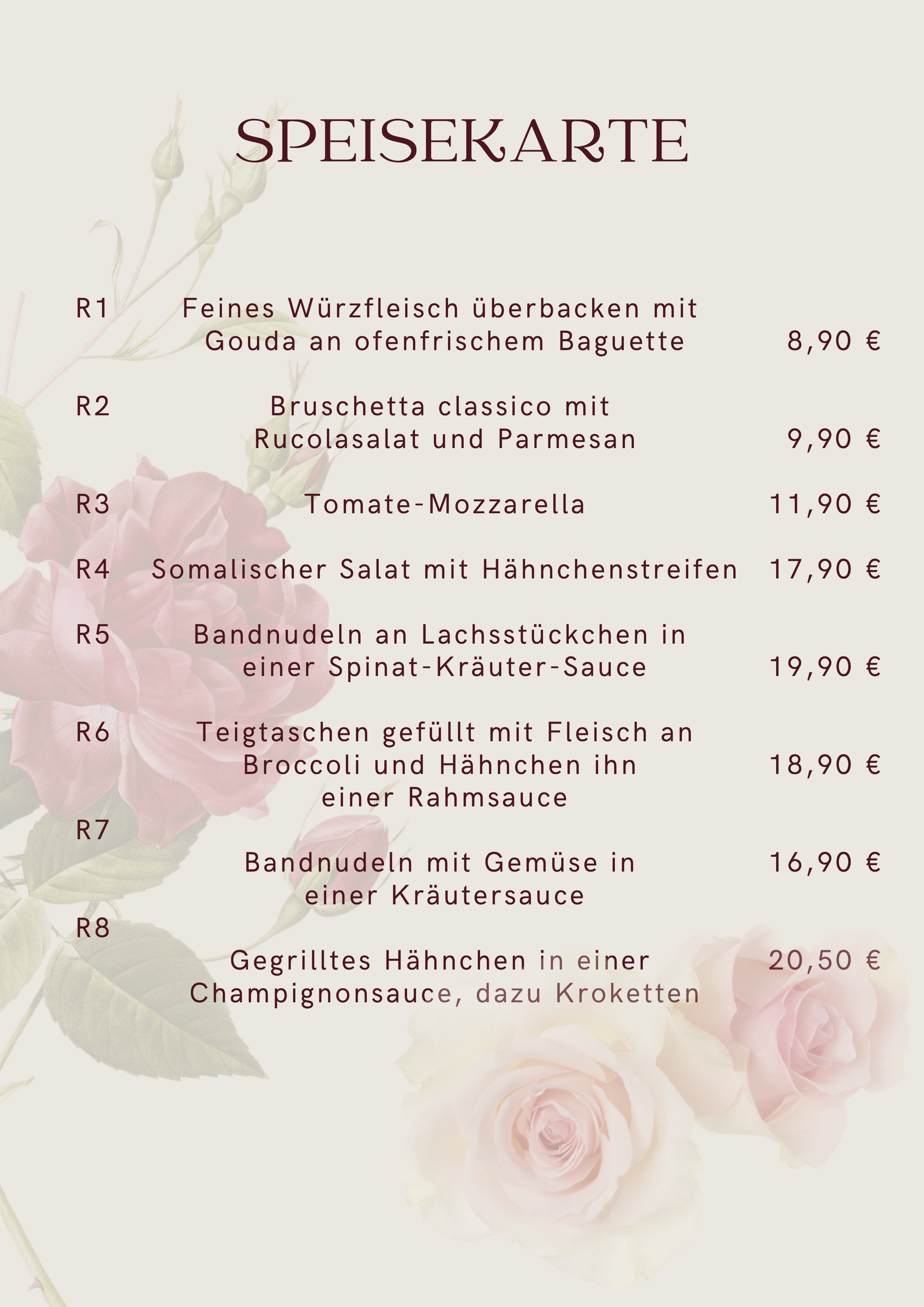 Speisekarte Rosencafe
