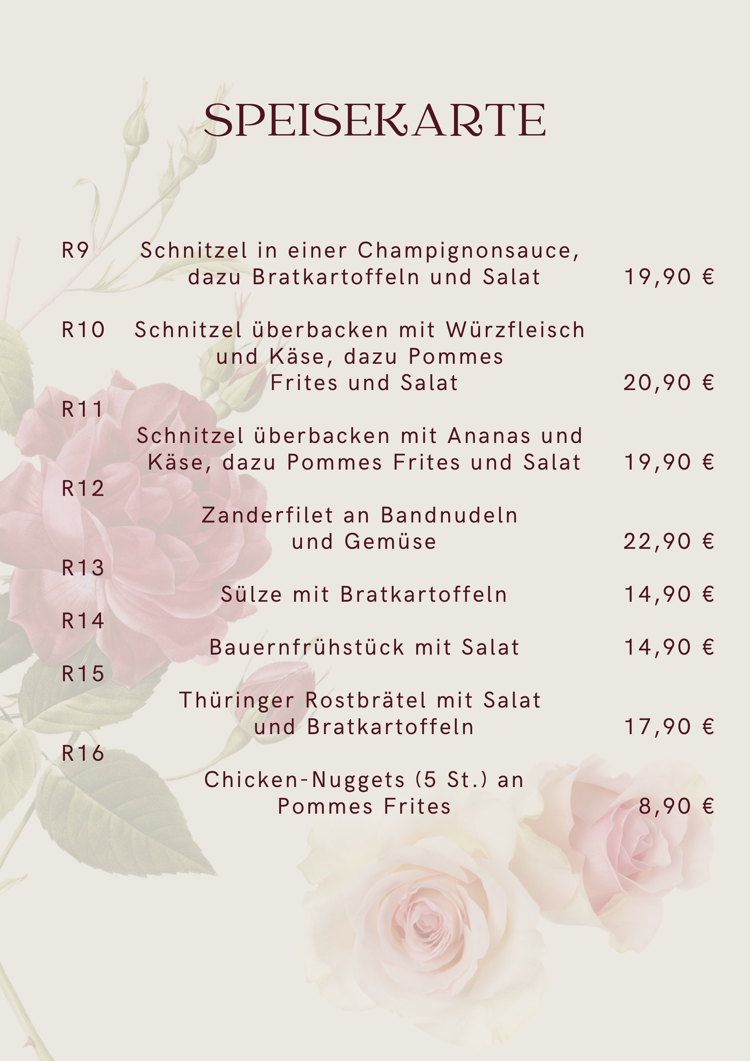 Speisekarte Rosencafe