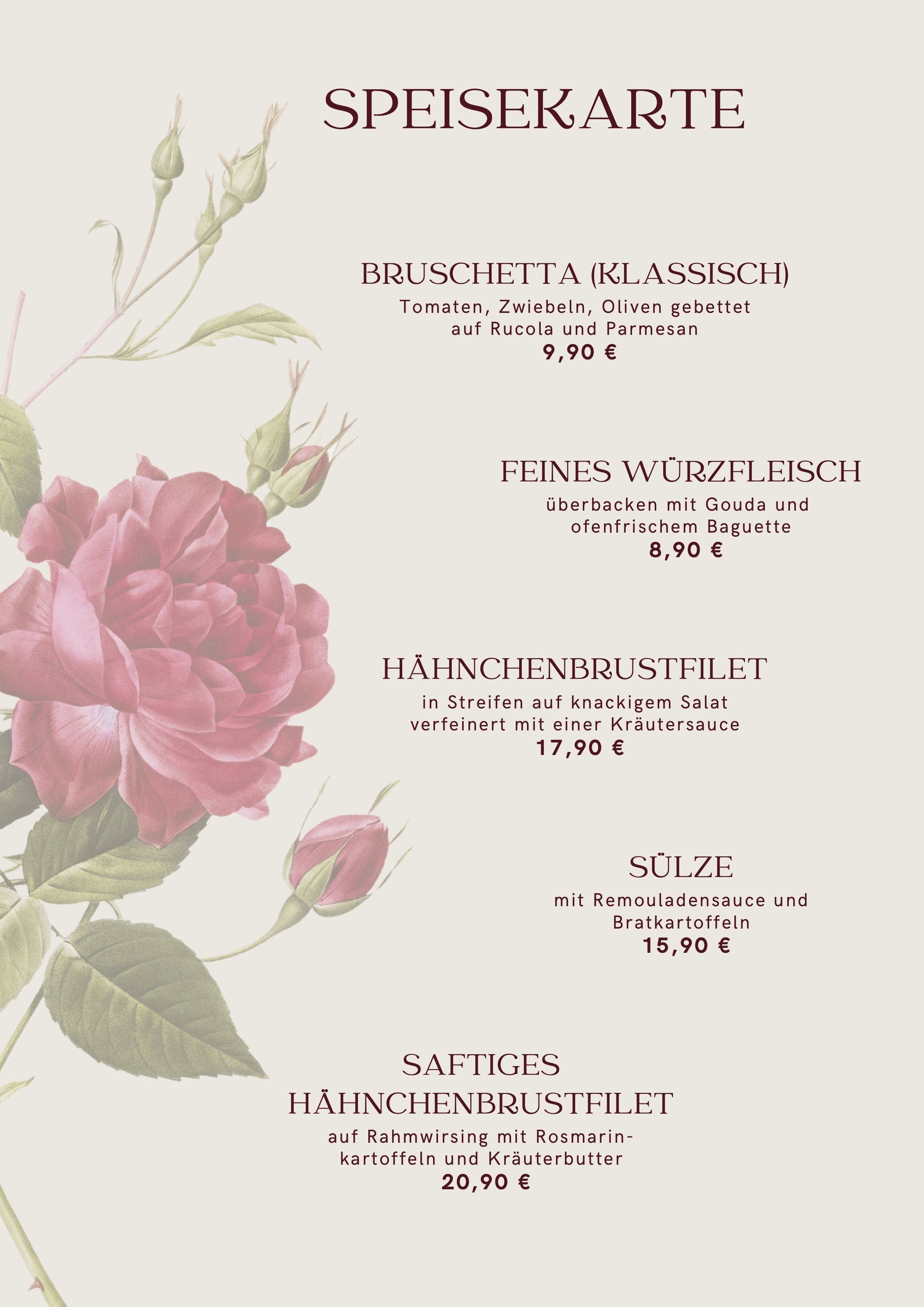 Speisekarte Rosencafe